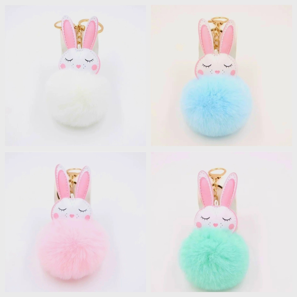 Cute Bunny Pom Pom Keychain Set - Pink, Blue, White, Green - Picture 2 of 6